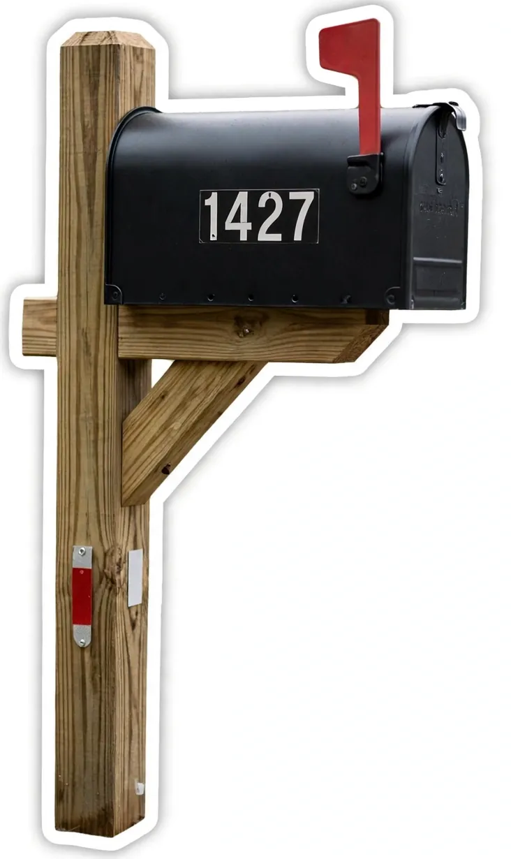 Standard package: wooden post with black metal mailbox, house numbers and reflectors